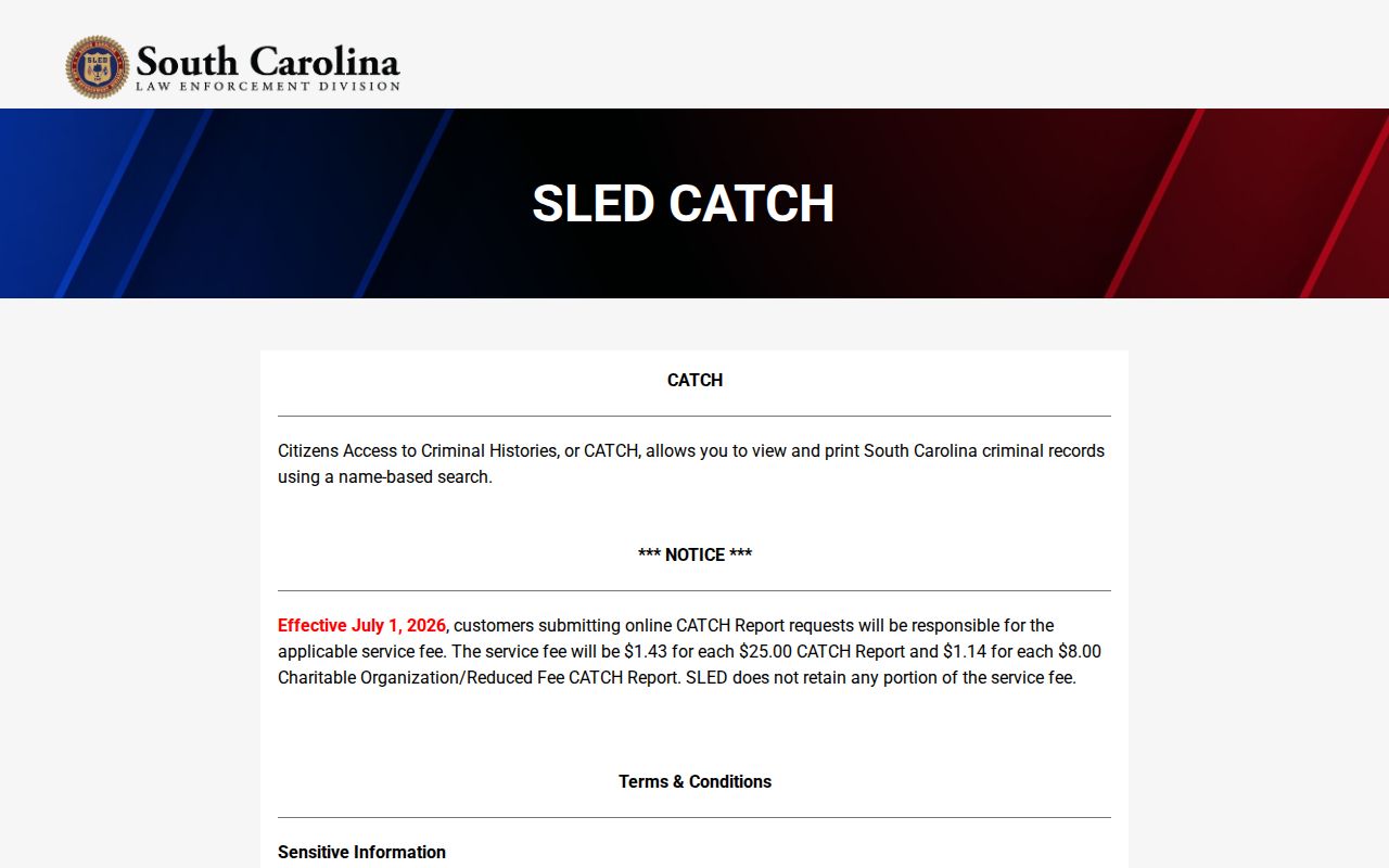 Fairfield County criminal history SLED CATCH fee screen